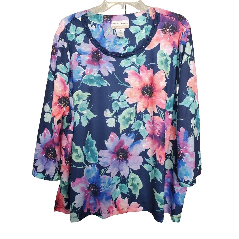 Alfred Dunner Woman Navy Floral Studded Braided Neckline Knit Top Size 3X